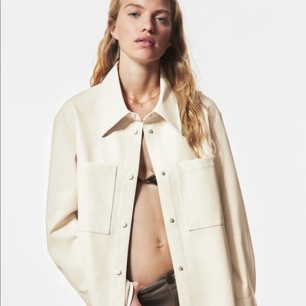 NWT Zara faux leather Women's Cream oversized button up jacket